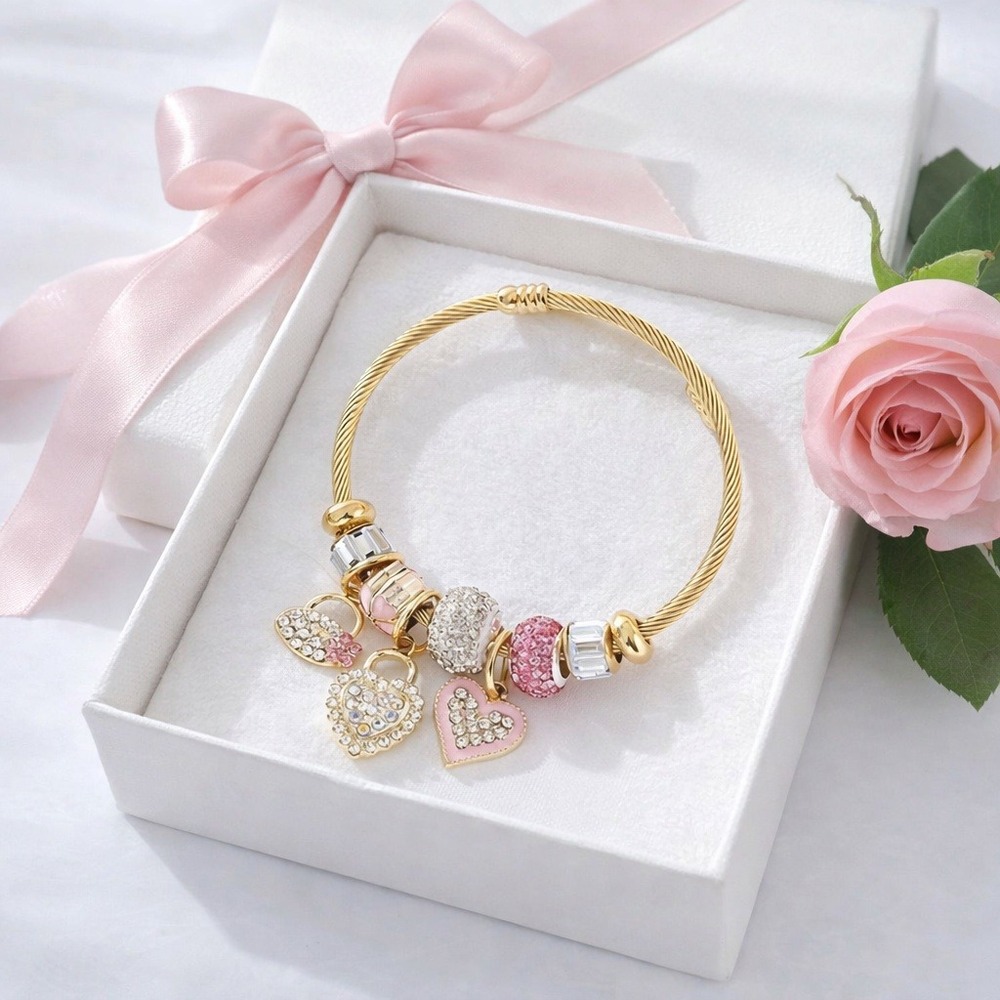 Bracelet Women Pink and Silver Charm Stainless‎ Steel Gold-Tone
